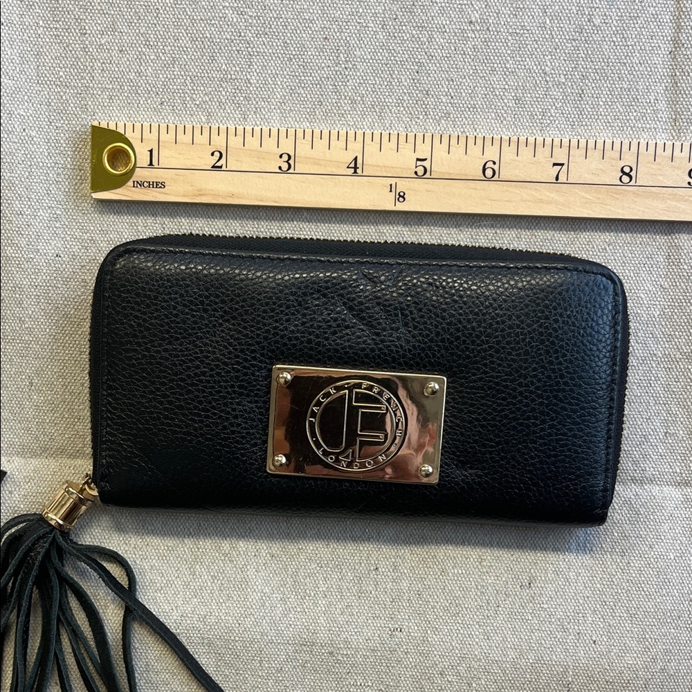 Jack French London Black Leather Zip Around Wallet Gold Plate Tassel - Picture 7 of 12